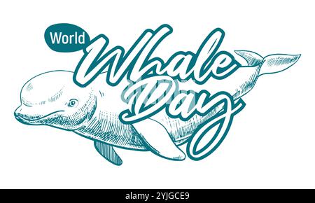 Emblem mit einem Appell, Meeressäuger zu retten. Whale Day, 19. Februar 2025. Vektormonochrome lineare Zeichnung eines Belugawals. Zur Frage der Erhaltung der Artenvielfalt im Ozean. Stock Vektor