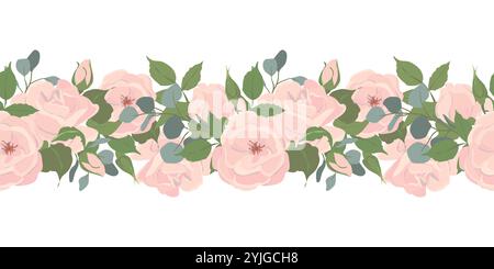 Nahtloser Rand aus hellrosa Rosen und Eukalyptuszweigen. Komposition von schönen Blumen, Knospen, Blättern isoliert auf Hintergrund. Vektor-Blumenillustrationen in flachem Stil für Hochzeitsdesign. Stock Vektor