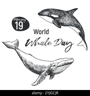 Whale Day Emblem, 19. Februar 2025. Lineare Vektorzeichnung von Buckelwalen und Killerwalen. Das Konzept des globalen Problems der Erhaltung der Tiervielfalt im Ozean. Design für T-Shirt. Stock Vektor