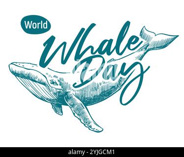 Whale Day Emblem, 19. Februar 2025. Vektoreinfarbige lineare Zeichnung eines Buckelwals. Das Konzept des globalen Problems der Erhaltung der Vielfalt der Säugetiere im Ozean. Design für ein T-Shirt. Stock Vektor