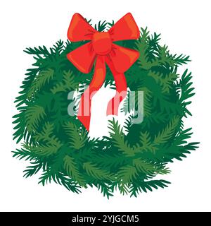 Weihnachtskranz aus immergrünen Zweigen auf weißem Hintergrund. Grüne Tannenzweige und roter Bogen. Vektor Winter Weihnachten Feiertage und Neujahr 2025. Stock Vektor
