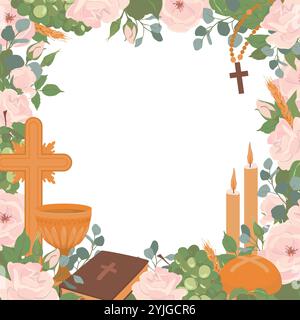 Quadratischer Rahmen mit Symbolen der ersten Kommunion. Vektor. Goldener Weinbecher, Gral, Brot, Bibel, Rosenkranz, Wein, weiße Rosen, Kerzen und Kruzifix. Clipart für die erste Kommunioneinladung. Stock Vektor