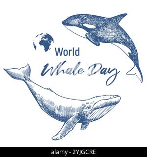 Poster zum Waltag, 19. Februar 2025. Zeichnung eines Orcas und eines Buckelwals. Das Konzept des globalen Naturschutzes und der Vielfalt der Meeressäuger auf dem Planeten Erde. Einfarbiges Emblem Stock Vektor