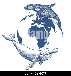 Vektor-Emblem für Whale Day oder Ocean Day. Linienzeichnung von Killerwalen und Buckelwalen vor dem Hintergrund des Planeten Erde. Naturschutz und Vielfalt der Meeressäuger. Stock Vektor