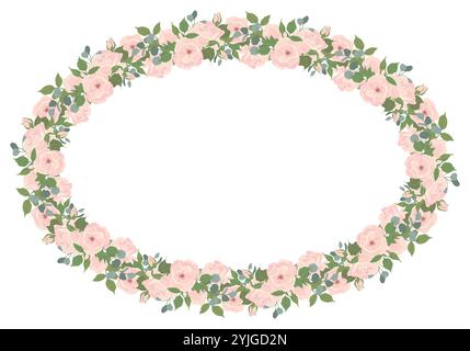 Ovaler Rahmen aus hellrosa Rosen und Eukalyptuszweigen. Komposition von schönen Blumen, Knospen, Blättern isoliert auf Hintergrund. Vektor-Blumenkunstbilder in flachem Stil für Hochzeitseinladungen, Karten Stock Vektor