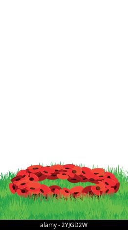 Traditionelle rote Blumendekoration für den Gedenktag, auch bekannt als Mohntag. Ein Kranz aus Papierkranz liegt auf grünem Gras. Symbol der Erinnerung und des Respekts. Vektorabbildung in abgewickelter Form. Stock Vektor