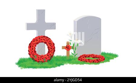 Grabstein aus weißem Marmor und Kreuz auf grünem Gras, Kranz aus rotem Mohn. Das Grab ist für den ANZAC-Tag am 25. April 2025 dekoriert. Gedenkfeier in Australien und Neuseeland. Vektor in abgewickelter Form. Stock Vektor