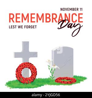 Grabstein aus weißem Marmor und Kreuz auf grünem Gras, Kranz aus rotem Mohn. Das Grab ist für den ANZAC-Tag am 25. April 2025 dekoriert. Gedenkfeier in Australien und Neuseeland. Vektor in abgewickelter Form. Stock Vektor