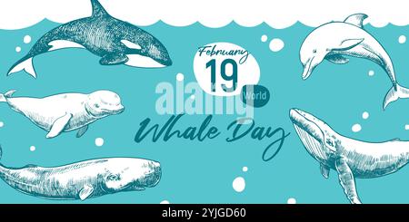 World Whale Day 19. Februar. Horizontales Vektor-Poster mit cachalot, Delfin, Orca und Beluga und Buckelwal. Handgezeichnet, Gravurtechnik. Umweltschutzkonzept. Stock Vektor