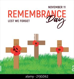 Holzkreuz mit rotem Mohn in einem grünen Rasen. Traditionelle Dekoration zum Mohntag in Großbritannien am 11. November. Gedenktag für Soldaten, die im Ersten Weltkrieg gestorben sind. Ein Symbol der Erinnerung. Stock Vektor
