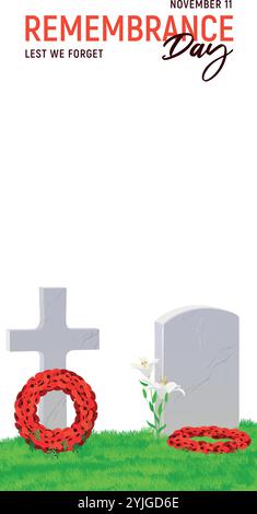 Vertikales Banner für ANZAC Day, 25. April 2025. Grabstein aus weißem Marmor und Kreuz auf grünem Gras, Kranz aus rotem Mohn. Gedenktag in Australien und Neuseeland. Abgewickelter Vektor. Stock Vektor