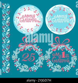 Set mit Weihnachtskranz Dekoration. Rundes Rahmenmuster mit Mistelblättern, Weihnachtsbaumzweigen, roten Beeren und Band. Vektorhandzeichnung Stock Vektor