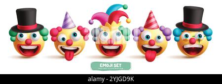 Clownemoji-Zeichen-Vektorsatz. Clownsbüffel-Emoticons in fröhlichem, lustigem, süßem und frechem Gesichtsausdruck mit farbenfrohem Hut für Joker-Kostüm Stock Vektor