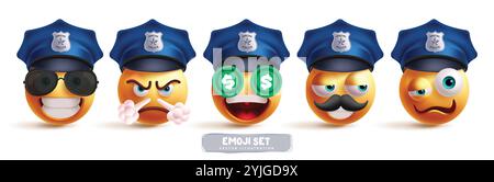 Polizei-Emoji-Charaktere Vektor-Set. Polizist-Emoticons in fröhlichem, freundlichem, coolem, wütendem und betrunkenem Gesichtsausdruck für Streifenpolizisten-Charakter Stock Vektor