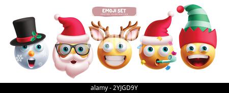 Weihnachtsemoji-Zeichen Vektor-Set. Weihnachtsmann-Emoticons mit Schneemännern, Rentieren und Elfen in fröhlicher, lustiger, süßer, aufgeregter und lustiger Gesichtsmaske Stock Vektor