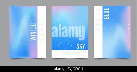 Farbverlauf Pastellfarben Winter Hintergrund. Irisierende Aura-Poster. Set trendiger Neon-Banner für soziale Medien. Minimale Unschärfe Hintergrundfarbe mit Schneeflocken Stock Vektor