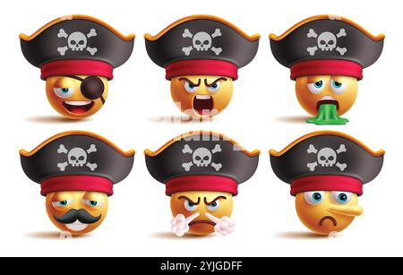 Pirate Emoji Charaktere Vektorsatz. Emoji Kapitän Seefahrer Clip Art Charakter in müde, wütend, erbrochen, erschöpft, verrückt und pinocchio Gesichtsausdruck Stock Vektor