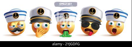 Marinemoji-Zeichen-Vektorsatz. Emoji-Seemann-Kapitän-Charakter in fröhlichem, freundlichem, niedlichem und lächelndem Gesichtsausdruck mit marineblauem Hut Stock Vektor