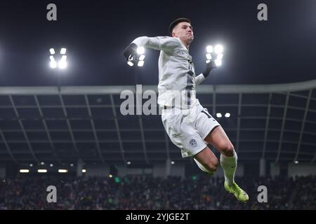 Ljubljana, Slowenien. November 2024. Benjamin Sesko aus Slowenien feiert das Torspiel der UEFA Nations League B zwischen Slowenien und Norwegen am 14. November 2024 in Ljubljana, Slowenien. Quelle: Zeljko Stevanic/Xinhua/Alamy Live News Stockfoto