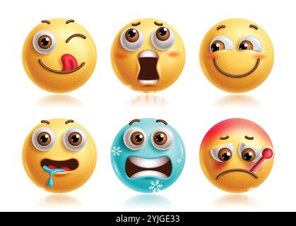 Klicken Sie auf Emoji-Zeichen-Vektorsatz. Emojis 3D Icon Clip Art Charakter in peinlich, schüchtern, rot, sabbernd, frierend, kranker und fieberhafter Gesichtsausdruck Stock Vektor