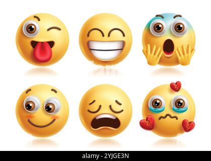 Zwink Emoji-Vektor-Zeichensatz. Winkende Emojis Clip Art Charaktere mit fröhlichem, albernem, errötlichem, deprimiertem und gebrochenem Herzen Gesichtsausdruck Symbol Stock Vektor