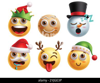 Weihnachtsemoji-Vektor-Zeichensatz. Emojis Xmas Clip Art Charakter mit weihnachtsmann, Elfe, Ingwerbrot, Schneemann, Rentier und süßer gelber Ikone Stock Vektor