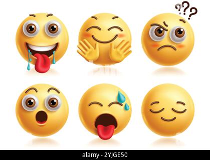 Vektorsatz für sabbernde Emoji-Zeichen. Emojis 3D-Ikone zeigen Kunstfiguren in Hunger, Fragen, Überraschung, Müdigkeit, Stress und ruhigem Gesicht Stock Vektor