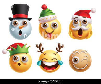 Weihnachtsemoji-Zeichen Vektor-Set. Emoji christmas Clip Art Charakter in Amaze, frech, wow, Überraschung, schüchtern, rot, weinend und fröhlich im Gesicht Stock Vektor