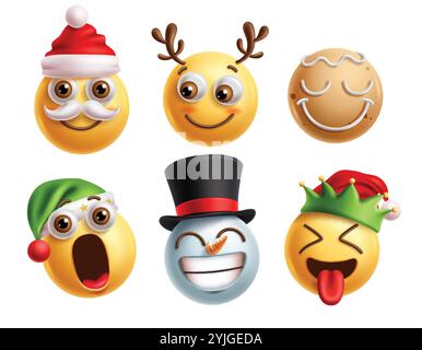 Emoji weihnachtsfiguren Vektorsatz. Weihnachtsemojis 3D-Ikone mit weihnachtsmann, Rentier, Ingwerbrot, Schneemann und Elfe tragen Stock Vektor