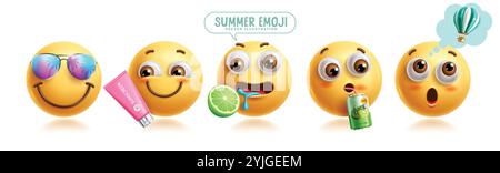 Sommer-Emoji-Zeichen-Vektor-Set. Emojis Sommer Clip Art Charakter mit Sonnenbrille, Sonnencreme, Limette, Trinkluftballons und denkenden Luftballons für tropische Zwecke Stock Vektor