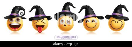 Hexenemoji-Zeichen-Vektorsatz. Emoji-Hexen-Clip-Art-Charakter in fröhlichem, lächelndem, schüchternem, süßem und frechem Gesichtsausdruck mit schwarzem Hut Stock Vektor