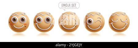 Ingwerbrot Emoji Zeichen Vektor Set. Weihnachten Ingwerbrot Emojis Clip Art Charakter in fröhlichem, lächelndem, lustigem, süßem und zwinkerndem Gesicht Stock Vektor