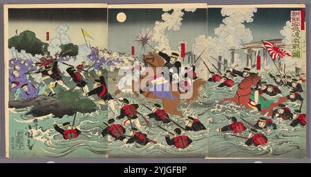 Heftige Kämpfe am Anseong Crossing in Korea (gewählt Anjo watashi no gekisen no zu). Utagawa Kokunimasa; Japanisch, 1874-1944. Datum: 1894. Abmessungen: . Farbiger Holzschnitt; oban-Triptychon. Herkunft: Japan. Museum: Chicago Art Institute, FLORENCIA, USA. Stockfoto