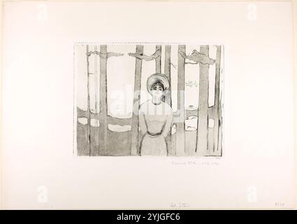 Sommernacht. Die Stimme. Edvard Munch (Norwegisch, 1863–1944); gedruckt von Sabo, Angerer oder Felsing. Datum: 1894. Abmessungen: 244 x 317 mm (Bild); 249 x 324 mm (Platte); 449 x 628 mm (Blatt). Öffnen Sie die Beißätzung und den Trockenpunkt in schwarzer Tinte auf schwerem Elfenbein-Plattenpapier. Herkunft: Norwegen. Museum: Chicago Art Institute, FLORENCIA, USA. Stockfoto