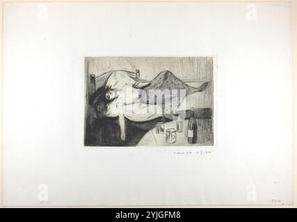 Am Tag Danach. Edvard Munch (Norwegisch, 1863–1944); gedruckt von Sabo, Angerer, Felsing. Datum: 1894. Abmessungen: 194 x 281 mm (Bild); 208 x 297 mm (Platte); 202 x 290 mm (primäre Stütze); 443 x 629 mm (sekundäre Stütze). Trocknungspunkt und offene Beißätzung in schwarzer Tinte auf leichtem elfenbeinfarbenem Webpapier, abgelegt auf schwerem cremeweißem Webpapier (Chine collé). Herkunft: Norwegen. Museum: Chicago Art Institute, FLORENCIA, USA. Stockfoto