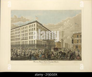Sherman House, Clark Street und Randolph Street, errichtet 1860–61 in Chicago. Raoul Varin; Französisch, 1865-1943. Datum: 1926. Abmessungen: 391 x 546 mm (Bild); 444 x 586 mm (Platte); 553 x 706 mm (Blatt). Aquatint in Braun, handgefärbt, auf cremegewebtem Papier. Herkunft: Frankreich. Museum: Chicago Art Institute, FLORENCIA, USA. Stockfoto
