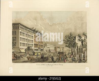 Ecke State Street und Washington Street, Chicago, im Jahr 1865. Raoul Varin; Französisch, 1865-1943. Datum: 1928. Abmessungen: 373 x 535 mm (Bild); 446 x 592 mm (Platte); 540 x 710 mm (Blatt). Aquatinte und Ätzung in Braun, mit Handfärbung, auf cremegewebtem Papier. Herkunft: Frankreich. Museum: Chicago Art Institute, FLORENCIA, USA. Stockfoto