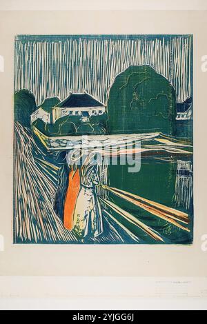 Die Mädchen auf der Brücke. Edvard Munch; Norwegisch, 1863-1944. Datum: 1918. Abmessungen: 500 x 430 mm (Bild); 630 x 528 mm (Blatt). Holzschnitt in Blau und Lithographie (aus mehreren Steinen) in Gelb, Grün, Orange und Blau auf weißem Webpapier. Herkunft: Norwegen. Museum: Chicago Art Institute, FLORENCIA, USA. Stockfoto