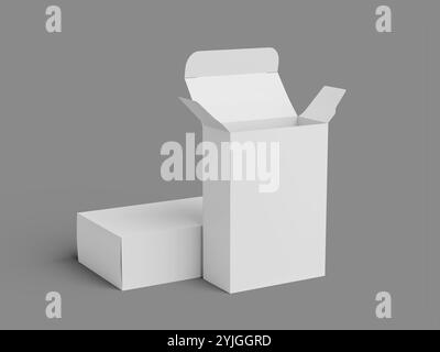 Weiße leere Lebensmittelkartonbox Mockup 3D gerendert auf grauem Hintergrund, zwei Kartons Verpackung Stockfoto