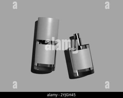3D-Illustration eines Parfümflaschen-Modells mit isoliertem Zylinder Glasflaschenspray Stockfoto