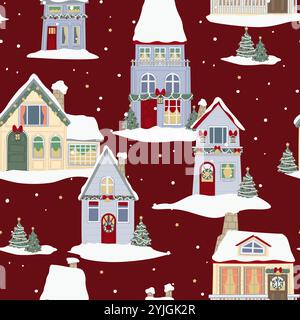 Roter Hintergrund Weihnachtsdorf Muster Stock Vektor