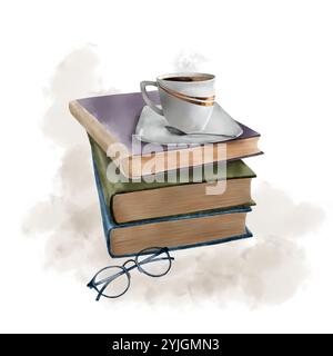 Eine Porzellantasse Kaffee auf einem Stapel Bücher. Digitale Aquarellabbildung. Elegante Brille auf einem Hintergrund. Alte, Vintage-Bücher sind in A Stockfoto