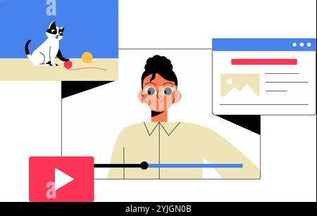 Video Content Creator Mit Social-Media-Elementen In Flat Vector-Illustration, Die Online-Interaktion, Content-Erstellung Und Digitale Präsenz Symbolisiert Stock Vektor