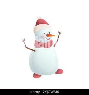 Charmante 3D-Vektor-Illustration des fröhlichen Schneemanns, der roten Schal und Weihnachtsmann-Hut trägt, mit Zweigen und helle orange Karottennase. Perfekt für den Winter Stock Vektor