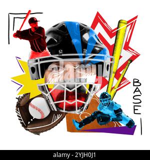 Kreative Baseball-Collage mit Spieler, Schläger und Handschuh, in auffälligen Formen und Farben, Baseball-Geist im abstrakten Stil. Zeitgenössische Kunst Stockfoto