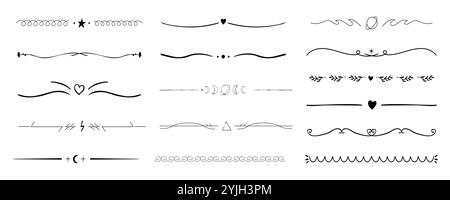 Trennwand mit Doodle-Dekor, raffinierte Ornament-Borte, einfacher handgezeichneter Rahmen. Retro-Kurvenset floristisch dünne Dekorationen. Vektorabbildung Stock Vektor
