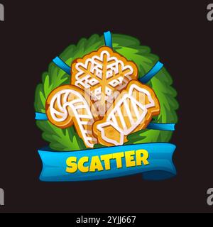 Scatter-Symbol für Spielautomaten mit Weihnachtsmotiv. Symbol für frohe Weihnachten oder Symbol für deine Spielelemente. Weihnachtskranz und Weihnachtskekse. Stock Vektor