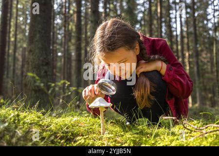 Kleines Mädchen erforscht Pilze mit Lupe im Wald Stockfoto