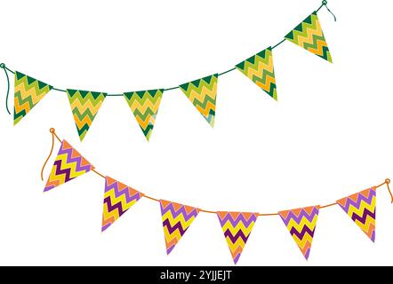 Halloween und St. Patrick Dreiecksdekoration mit Wimpelornamenten in traditionellen festlichen Farben. Isolierte Vektor-Illustrationskarten, Poster, Broschüren, Banner, Grüße, Preis, Etikett oder Web-Aktion Stock Vektor