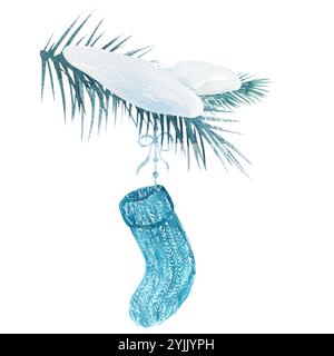 Weihnachtsbaumzweige mit Schnee und gestrickter Socke, Aquarellillustration. Handgefertigte Zeichnung. Silvester Winter Illustration Stockfoto